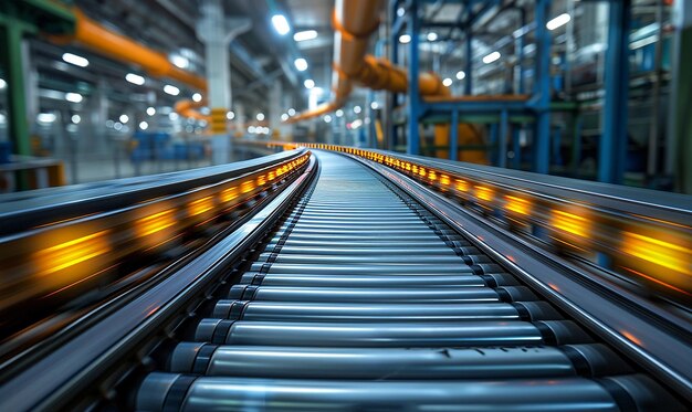 a conveyor belt with a blue metal background and a blue metal object in the middle