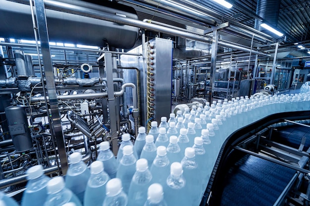 Conveyor belt with bottles of drinking water at a modern beverage plant