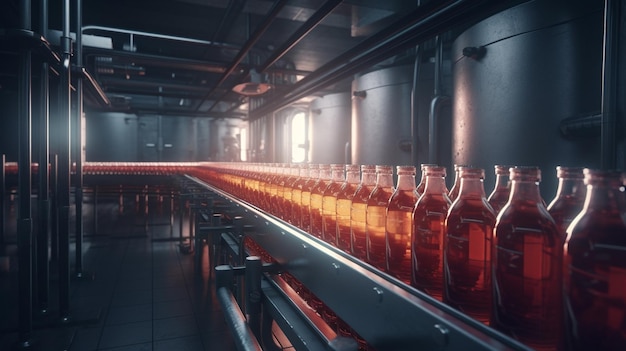 Conveyor belt with bottles juice Generative Ai