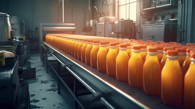 Conveyor belt with bottles juice Generative Ai