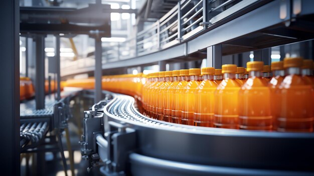 a conveyor belt with bottles of orange liquid