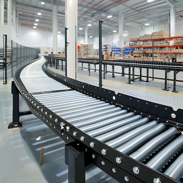 a conveyor belt with boxes of goods in the background