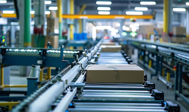 a conveyor belt with boxes on it and a box on the right side