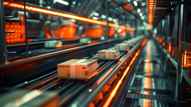 Conveyor Belt With Boxes in a Warehouse