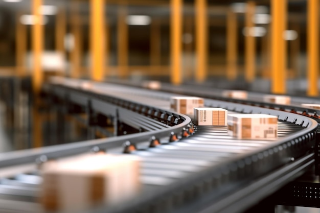 Conveyor belt with cardboard boxes in warehouse 3d render in factory