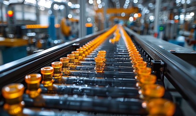 a conveyor belt with orange and yellow bottles on it