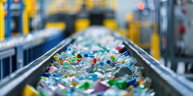 Photo conveyor belt with recycled plastic bottles in facility