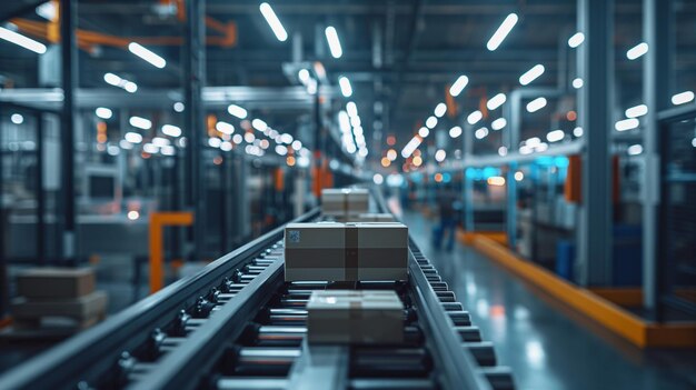 Photo conveyors transporting boxes in a busy distribution warehouse during evening operations