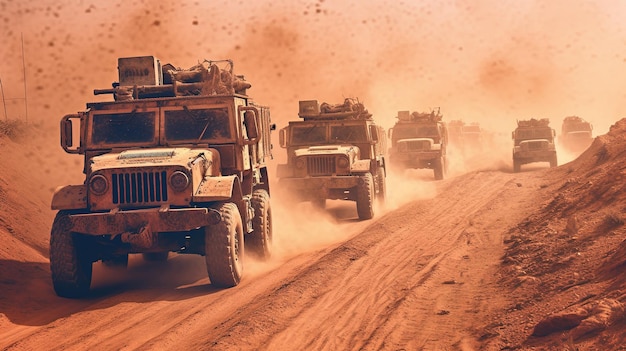 A convoy of military vehicles traverses a dusty road