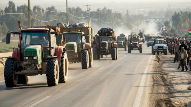 A convoy of tractors driving in a line on a highway during a peaceful protest with a crowd of supporters and a setting sun in the background