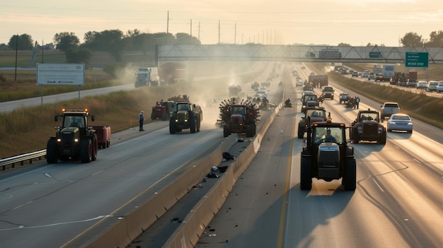 A convoy of tractors with activated lights participating in a rally on a busy urban road