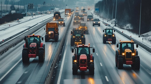 A convoy of tractors with activated lights participating in a rally on a busy urban road