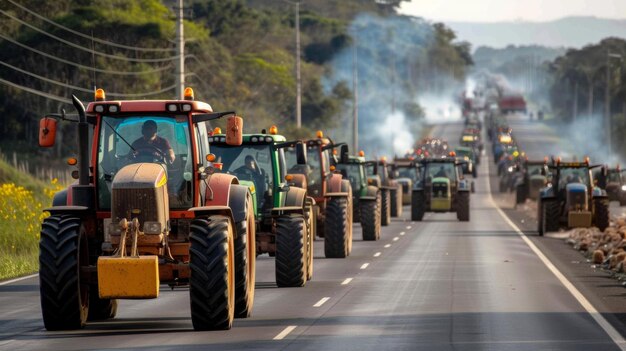 A convoy of tractors with activated lights participating in a rally on a busy urban road