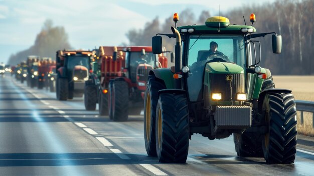 A convoy of tractors with activated lights participating in a rally on a busy urban road