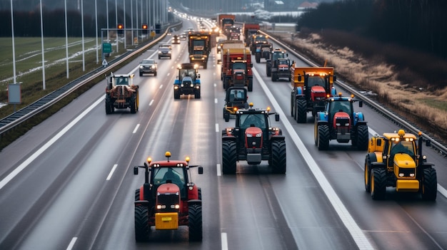 A convoy of tractors with activated lights participating in a rally on a busy urban road