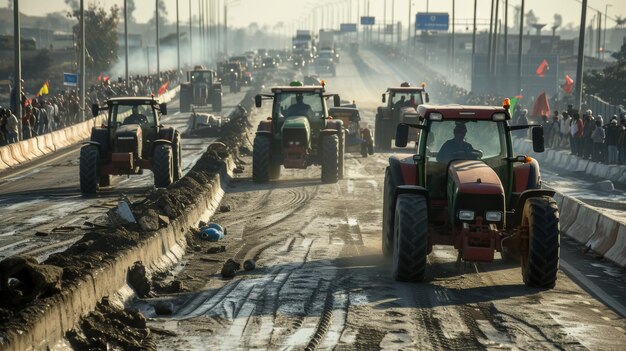 A convoy of tractors with activated lights participating in a rally on a busy urban road