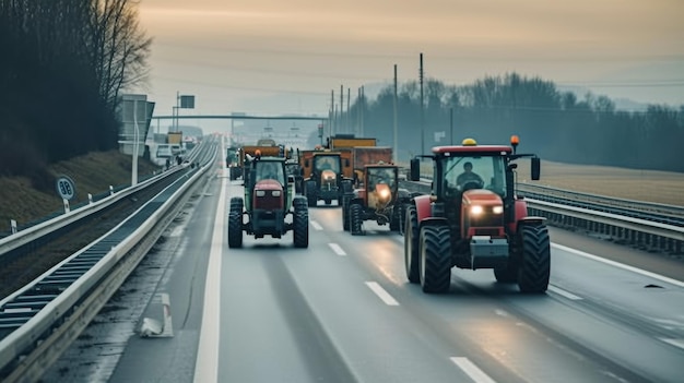 A convoy of tractors with activated lights participating in a rally on a busy urban road