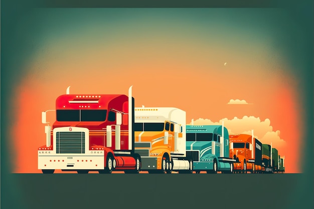 Convoy of trucks flat illustration