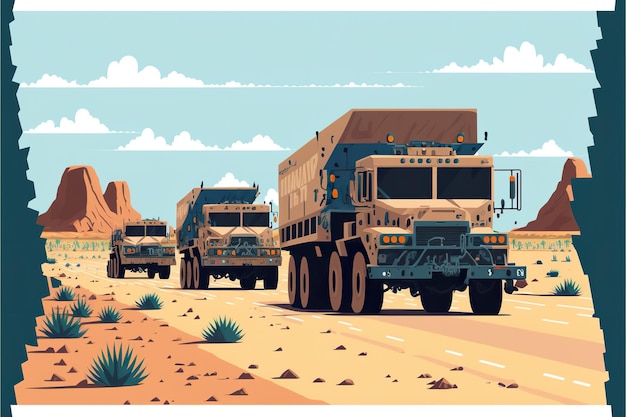 Convoy of trucks flat illustration