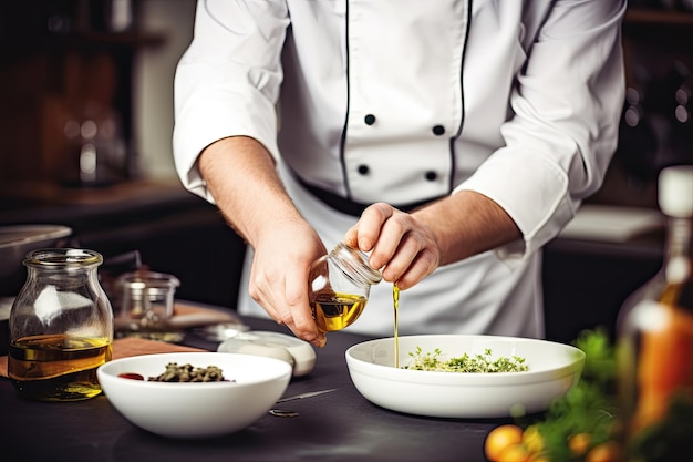 Cook in apron adding some sauce to dish Cropped chef preparing food meal in kitchen chef cooking