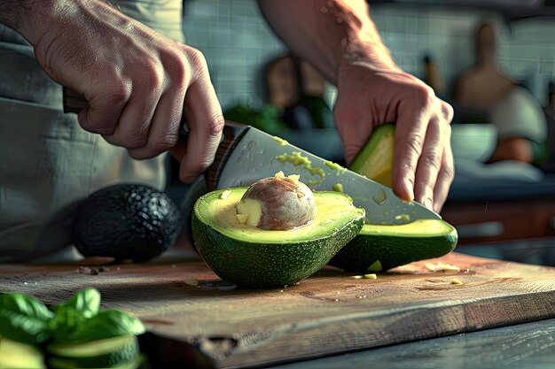 Photo cook cutting fresh avocado