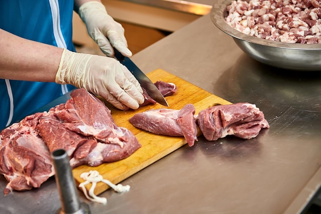 Cook cutting raw pork meat on wooden board in kitchen