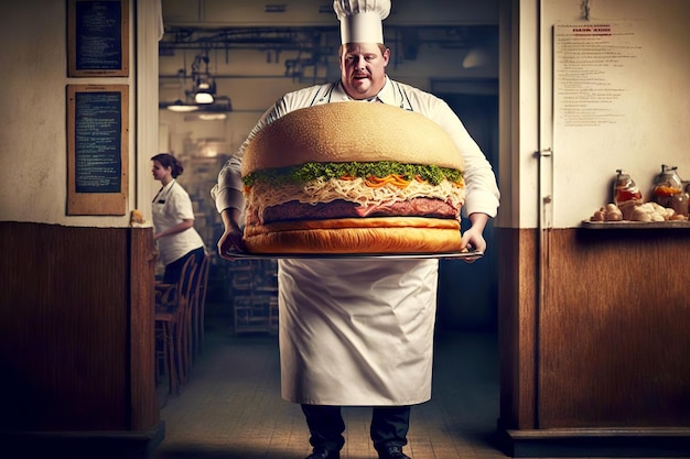 Cook has prepared huge meat burger and carries it to customer on tray