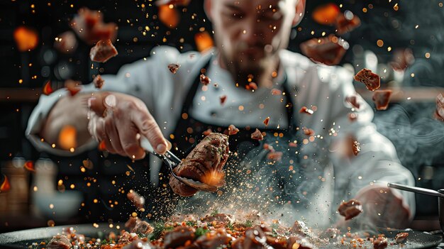 Photo the cook is preparing a splash of food in the kitchen selective focus