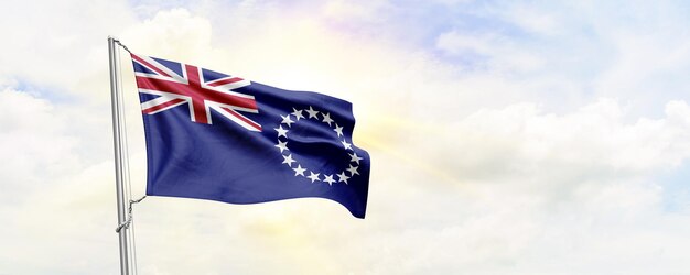 Cook Islands flag waving on sky background 3D Rendering