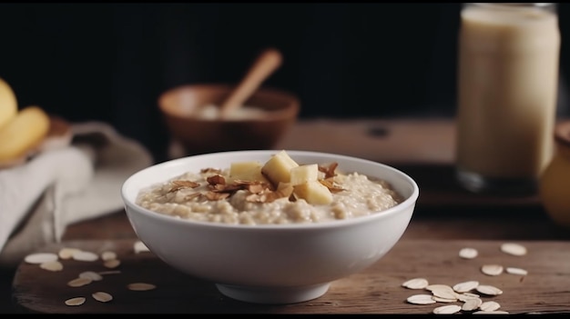 Cook oldfashioned oats with almond milk and top with sliced banana Generative AI image