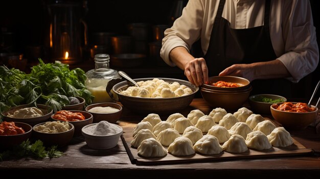 The cook prepares food from dough Dumplings manti khinkali baozi