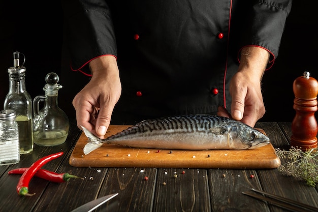 The cook prepares mackerel or Scomber in the hotel kitchen