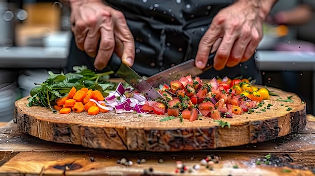 Cook on a wood cutting vegetables