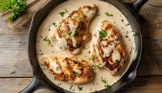 Photo cooked chicken breast seared in a cast iron skillet with creamy pan sauce