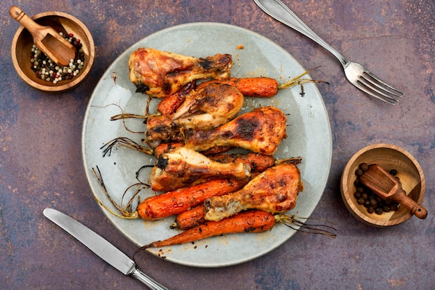 Cooked chicken drumsticks on table