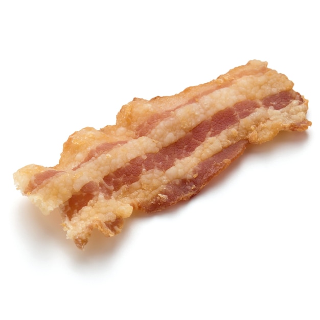 cooked crispy slice of bacon isolated on white background