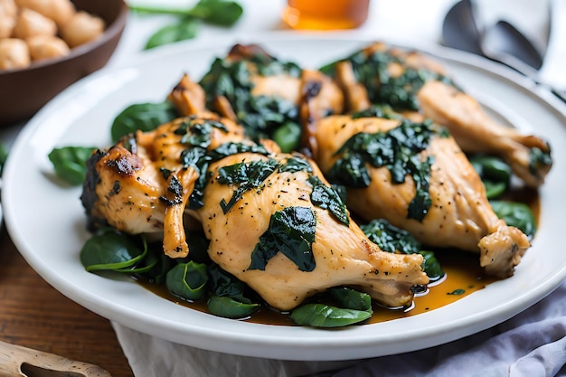 cooked legs of chicken with spinach on white plate