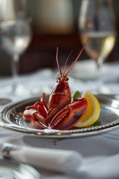 Photo cooked lobster on a silver plate with lemon