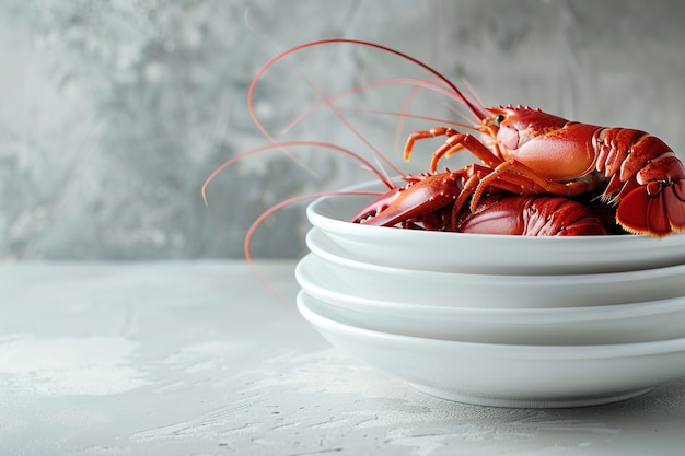 Photo cooked lobsters in white bowls on grey table