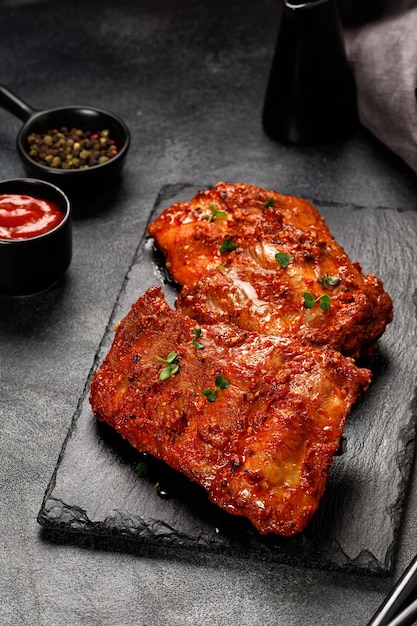 Cooked Marinated pork bbq ribs Baked Ribs in marinade sauce on black slate board and dark background