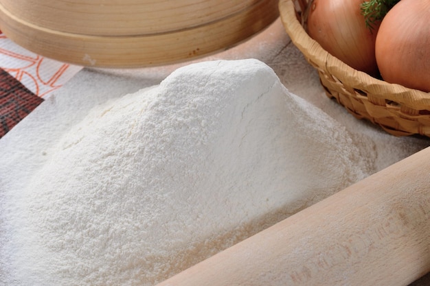 Cooked meal for baking and other ingredients on the table