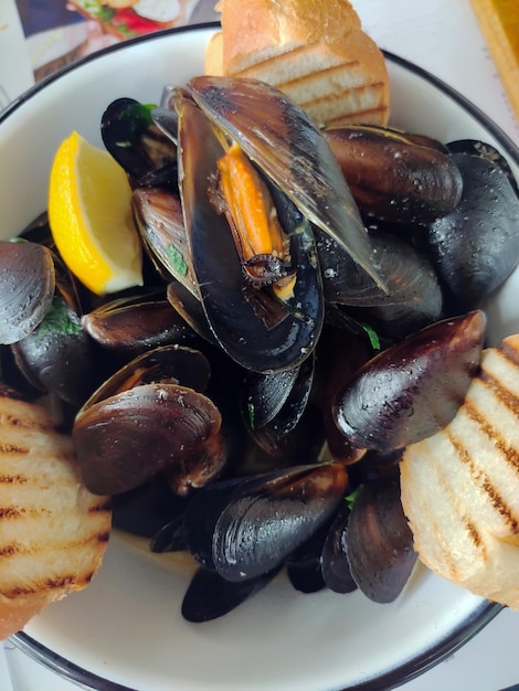 Cooked mussel snails and croutons with lemon on a plate