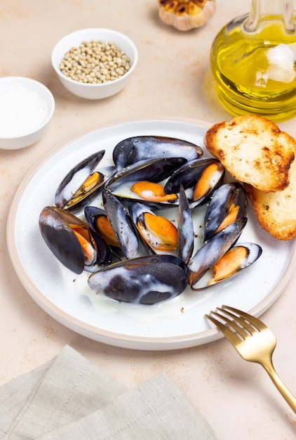 Cooked mussels in white cream sauce Seafood Healthy eating Diet