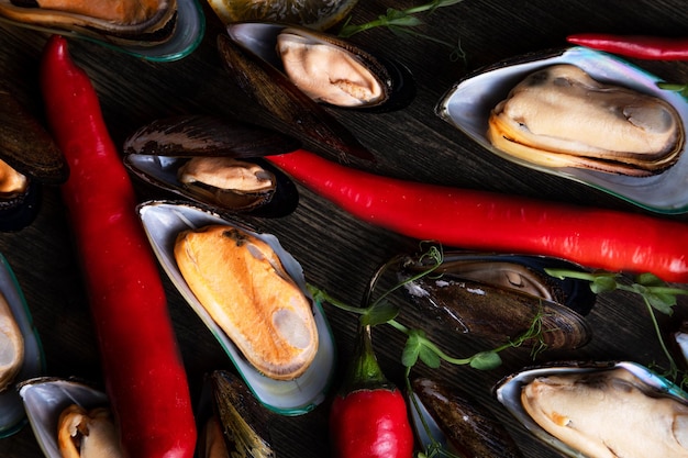 Cooked mussels on a wooden background the background is decorated with greens pepper microgreens salt