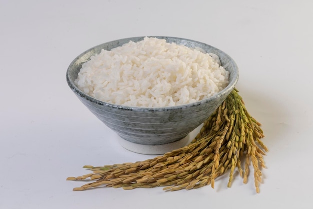 Cooked rice in a bowl and ears of rice on a white background