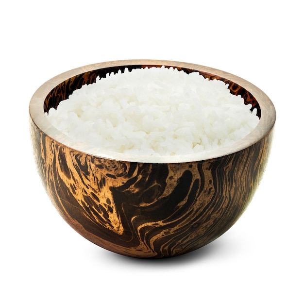 Cooked rice in wooden bowl