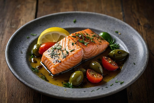 Cooked salmon steak herbs lemon garlic olive oil and tomato