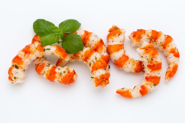 Cooked shrimps isolated on white surface.