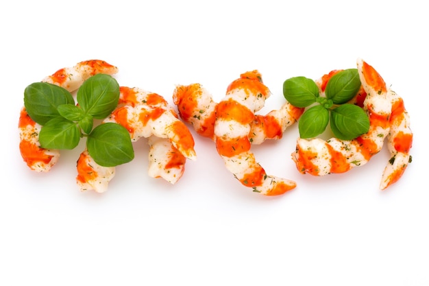 Cooked shrimps isolated on white surface.