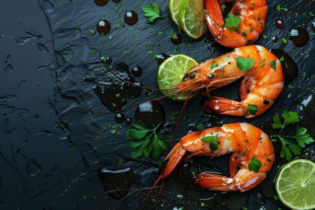 Cooked Shrimps with Fresh Lime and Herbs on a Dark Slate Background